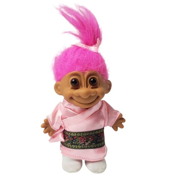 Vintage Russ Troll Japan Doll 5" Around the World In Pink Kimono Pink Hair 90s - Picture 1 of 5
